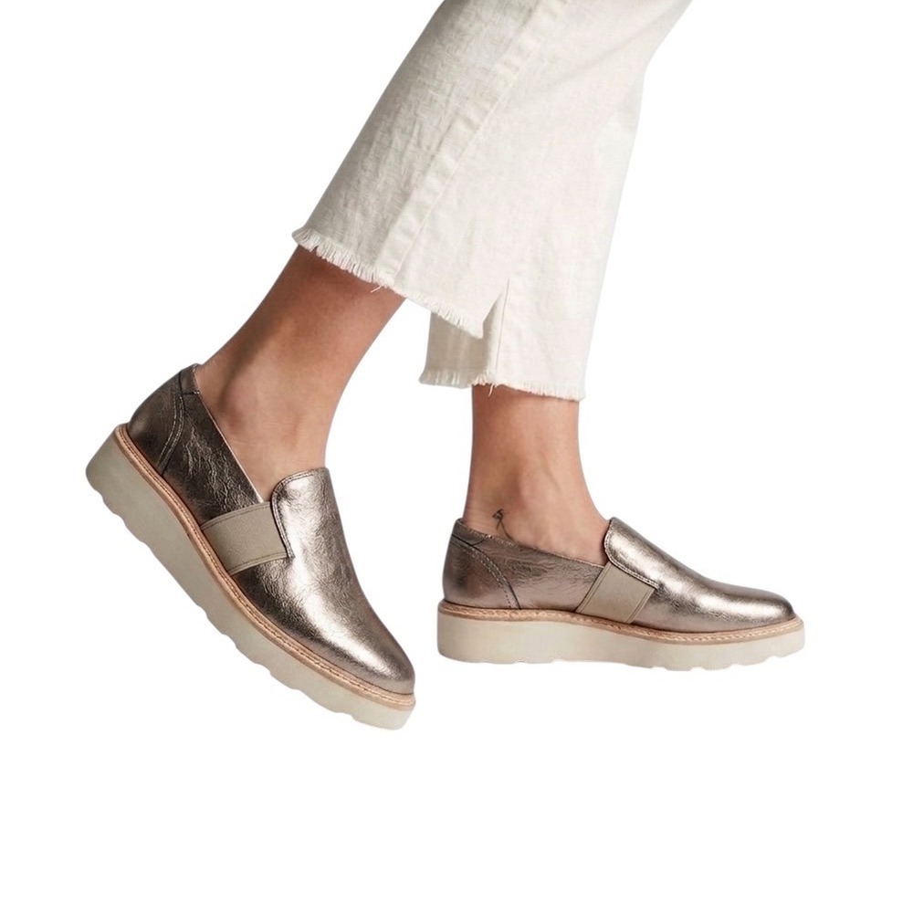 Clarks Trace Easy Womens Metallic Rose Pewter Leather Platform Wedge Loafers 10M